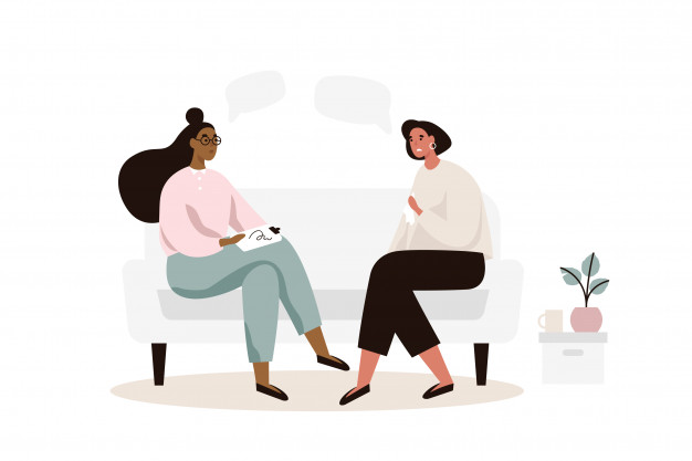 female patient with psychologist psychotherapist sitting sofa psychotherapy session mental health depression flat illustration 106299 70